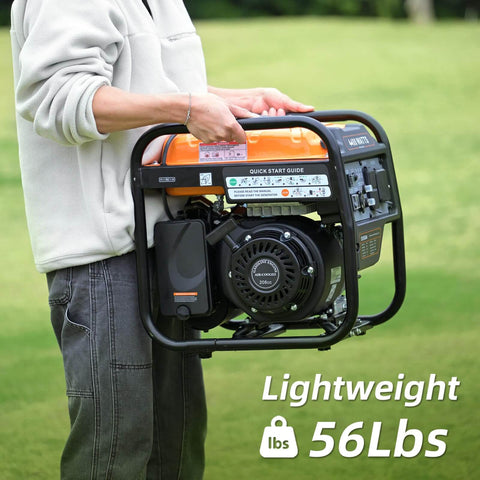 Person holding Gas Powered Inverter Generator 4400 Watts Peak, 3400 Running, Portable Open Frame With Low Noise And Eco Mode, RV Ready