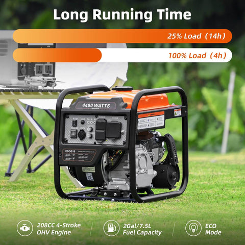 Gas Powered Inverter Generator 4400 Watts Peak, 3400 Running, Portable Open Frame shown outdoors on grass