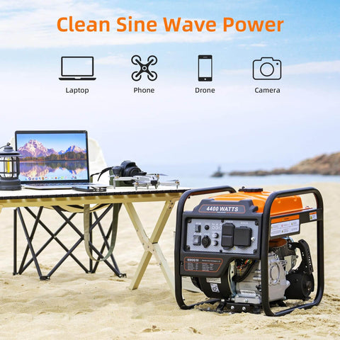 Gas Powered Inverter Generator 4400 Watts Peak, 3400 Running, portable generator on beach with tech devices displayed