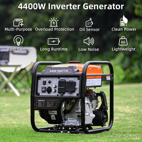 Gas Powered Inverter Generator 4400 Watts Peak, 3400 Running, Portable Open Frame displayed on grass in garden setting