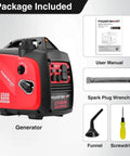 Package contents of 2500 Watt Portable Inverter Generator With 79.8cc Gas Engine, including generator, manual, and tools.