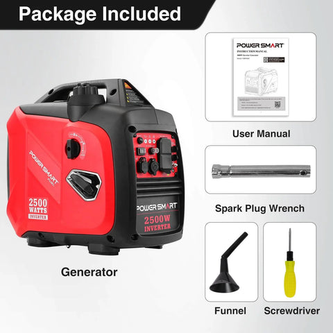 Package contents of 2500 Watt Portable Inverter Generator With 79.8cc Gas Engine, including generator, manual, and tools.