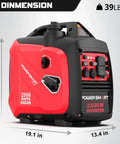 2500 Watt Portable Inverter Generator With 79.8cc Gas Engine, dimensions and control panel close-up, for RV and home backup