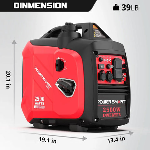 2500 Watt Portable Inverter Generator With 79.8cc Gas Engine, dimensions and control panel close-up, for RV and home backup