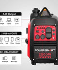 Front view of 2500 Watt Portable Inverter Generator with 79.8cc gas engine showing AC outputs, USB ports, and control panel.