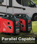 Two 2500 Watt Portable Inverter Generators with 79.8cc Gas Engine connected in parallel, RV in background, outdoor power supply