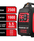 2500 Watt Portable Inverter Generator With 79.8cc Gas Engine, 5.5 Hour Runtime shown with control panel and specifications