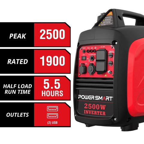 2500 Watt Portable Inverter Generator With 79.8cc Gas Engine, 5.5 Hour Runtime shown with control panel and specifications