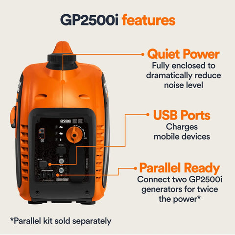 Back view of GP2500i featuring 2500 Watt Gas Powered Portable Inverter Generator with Quiet Power, USB Ports, and Parallel Ready features.