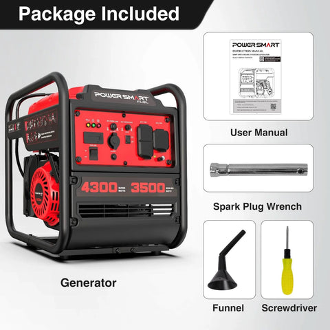 Beefy Heavy Duty Portable Inverter Generator With 4300W Peak And 3500W Rated Power 223cc 4 Stroke Gas Engine Pure Sine Wave For Sensitive Electronics RV Ready With 30A Outlet Home Backup Camping And Emergency Use, package contents shown