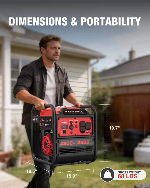 Man carrying 4300 Watt Portable Generator With Inverter Technology For Home Backup And Outdoor Use, showing dimensions and portability.