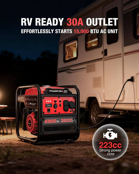 4300 Watt Portable Generator with Inverter Technology powering RV at night, 3500W rated power, 223cc engine, 30 Amp output