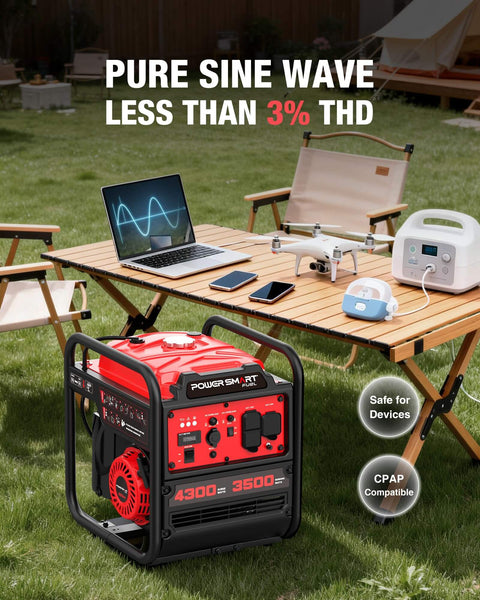 4300 Watt Portable Generator With Inverter Technology for outdoor setup with electronics on a table
