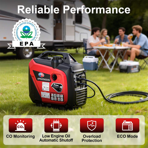 Quiet 3300W Portable Inverter Generator With CO Sensor Eco Mode EPA Compliant, shown outdoors with a trailer and people camping.