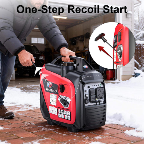 Person starting a Quiet 3300W Portable Inverter Generator With CO Sensor Eco Mode EPA Compliant 143cc Gas Powered 4 Stroke outdoors