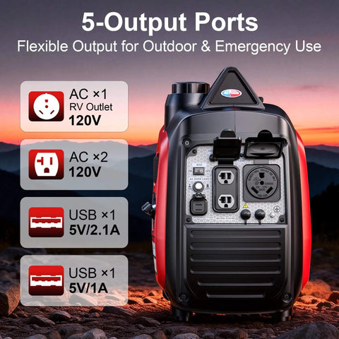 Quiet 3300W Portable Inverter Generator With CO Sensor Eco Mode EPA Compliant 143cc Gas 5-output ports