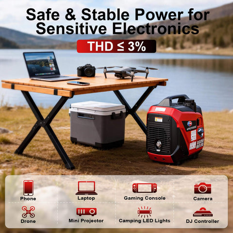 Quiet 3300W Portable Inverter Generator With CO Sensor Eco Mode EPA Compliant 143cc Gas Powered 4 Stroke on picnic table