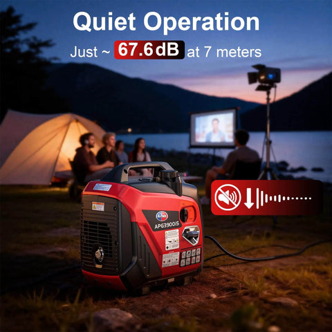 Quiet 3300W Portable Inverter Generator With CO Sensor Eco Mode, camping scene with generator and people watching a movie outdoors