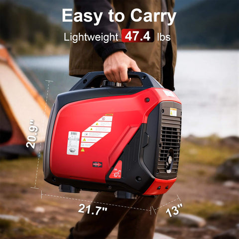Person carrying Quiet 3300W Portable Inverter Generator With CO Sensor Eco Mode EPA Compliant, lightweight 21.5 kg with handle.