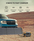 Go To Portable Power Station 288Wh LiFePO4 Battery With 600W Pure Sine Wave Inverter shown charging via solar panel in desert.