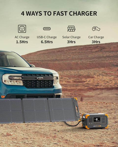Go To Portable Power Station 288Wh LiFePO4 Battery With 600W Pure Sine Wave Inverter shown charging via solar panel in desert.