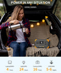 Image of a woman sitting in a car with a Go To Portable Power Station 288Wh LiFePO4 Battery with 600W Pure Sine Wave Inverter, camping setup.
