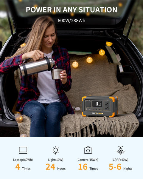 Image of a woman sitting in a car with a Go To Portable Power Station 288Wh LiFePO4 Battery with 600W Pure Sine Wave Inverter, camping setup.