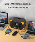 Go To Portable Power Station 288Wh LiFePO4 Battery With 600W Pure Sine Wave Inverter powering laptops, phone, drone on desk