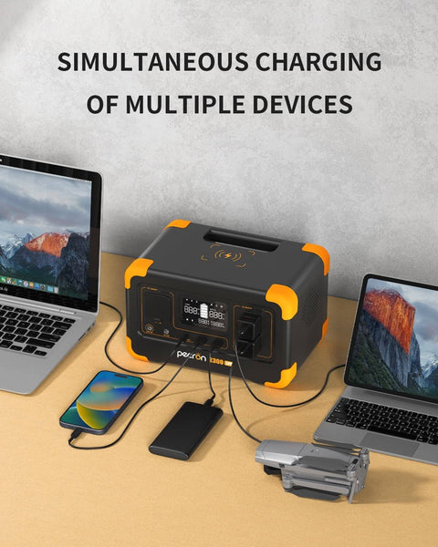 Go To Portable Power Station 288Wh LiFePO4 Battery With 600W Pure Sine Wave Inverter powering laptops, phone, drone on desk