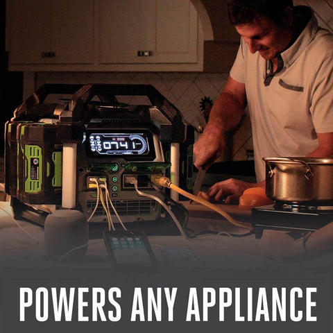 Man using Portable Power Station With 3000W Peak And 2000W Continuous, Battery Powered Inverter Generator, indoors with appliances