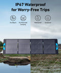 SOLIX F3800 Portable Power Station With 2x 200W Solar Panels in outdoor setting, highlighting waterproof feature