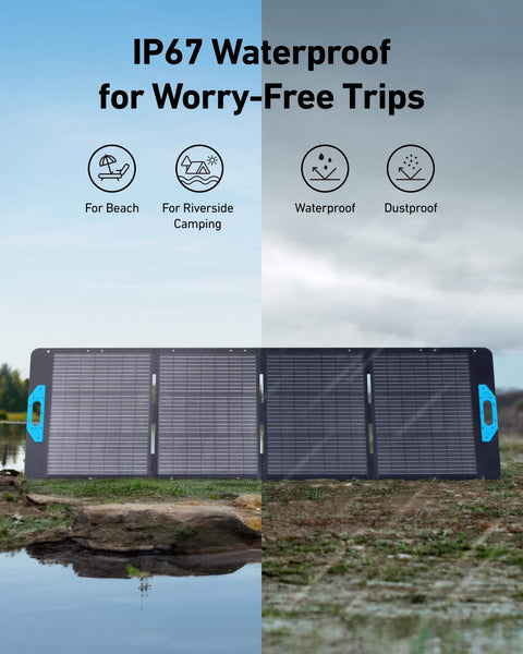 SOLIX F3800 Portable Power Station With 2x 200W Solar Panels in outdoor setting, highlighting waterproof feature