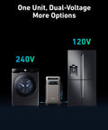 SOLIX F3800 Portable Power Station with 240V washer and 120V refrigerator showing dual-voltage compatibility