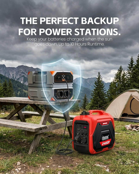 2400W Portable Inverter Generator for home use and outdoor adventures beside tent and picnic table in forest