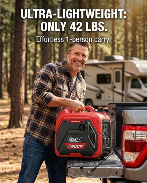 Man lifting 2400W Portable Inverter Generator For Home Use And Outdoor Adventures into a truck, showing lightweight design for easy transport