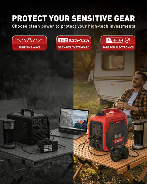 2400W Portable Inverter Generator For Home Use And Outdoor Adventures shown on a table with camping gear, highlighting pure sine wave power.