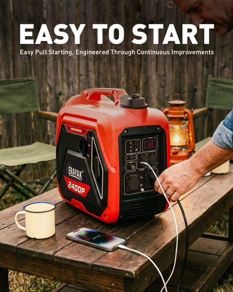 2400W Portable Inverter Generator For Home Use And Outdoor Adventures, shown on a wooden table in an outdoor setting with a person connecting a device.