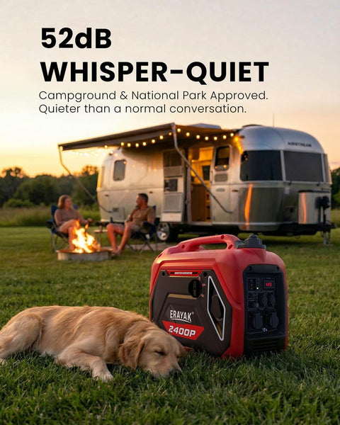 2400W Portable Inverter Generator in campground setting with RV, campfire, and dog, ideal for home use and outdoor adventures