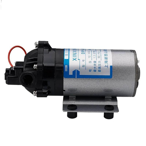 Side view of Mini Power Water Pump DP-60 Self Priming Diaphragm Pump, silver with a black casing, suitable for home and marine use.