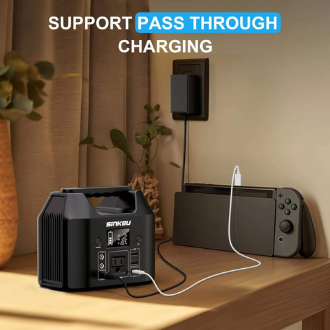 Go To Portable Power Station 122.8Wh LiFePO4 Battery Solar Generator in use for charging devices at home with pass-through charging