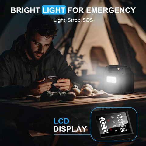 Man charging phone with Go To Portable Power Station 122.8Wh LiFePO4 Battery Solar Generator camping