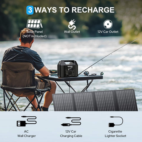 Go To Portable Power Station 122.8Wh LiFePO4 Battery Solar Generator on table by lake with recharge options displayed
