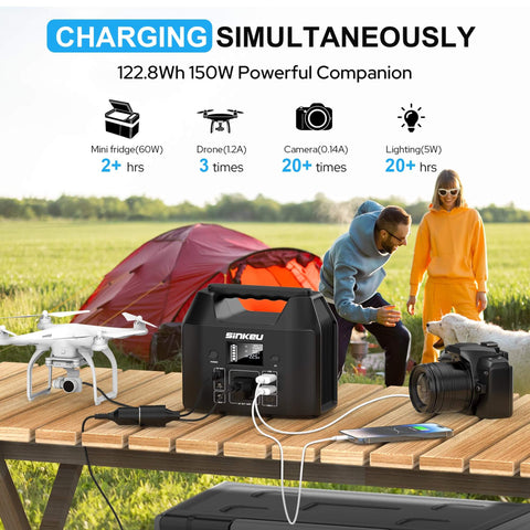 Go To Portable Power Station 122.8Wh LiFePO4 Battery with devices charging outdoors near tent