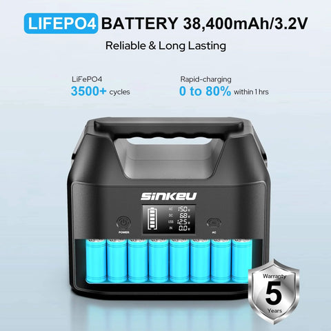 Go To Portable Power Station 122.8Wh LiFePO4 Battery Solar Generator with handle and digital display, 3500+ cycles, by SINKVU