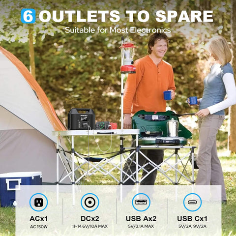 Couple camping with Go To Portable Power Station 122.8Wh LiFePO4 Battery Solar Generator for outdoor use on table at campsite