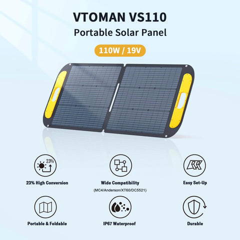 VTOMAN VS110 Portable Solar Panel 110W 19V with high conversion, wide compatibility, easy setup, foldable, waterproof, durable design.