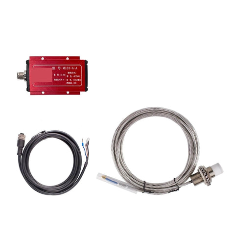 Non-Contact Eddy Current Displacement Sensor ML33-A-B 50mm, red component, cables, stainless steel probe, high-accuracy positioning.