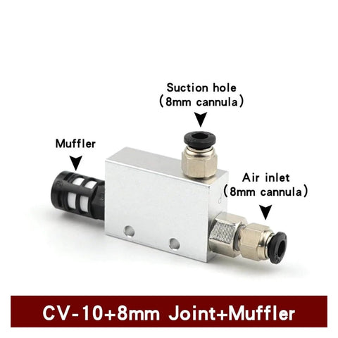 High Suction Vacuum Ejector with precise negative pressure control, muffler and 8mm fittings, for CV10HS delicate parts handling.
