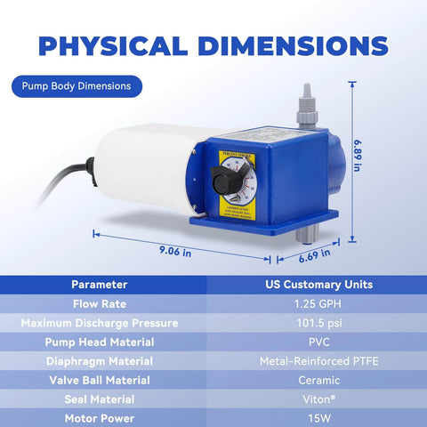 Diaphragm Dosing Pump For Chemical Lab And Industrial Use, Adjustable Flow Up To 30 GPD, 100 PSI, physical dimensions with PVC end