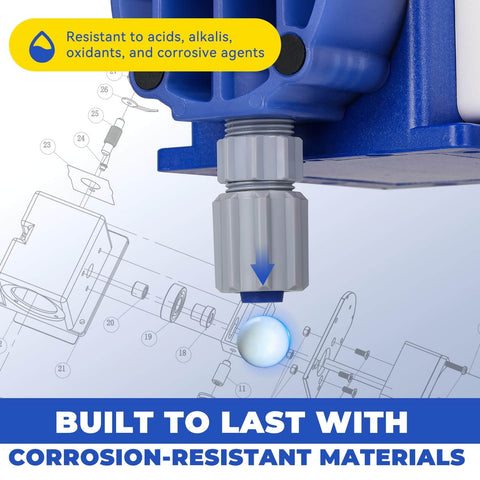 Diaphragm Dosing Pump For Chemical Lab And Industrial Use, Adjustable Flow Up To 30 GPD, 100 PSI, PVC Liquid End, corrosion-resistant materials
